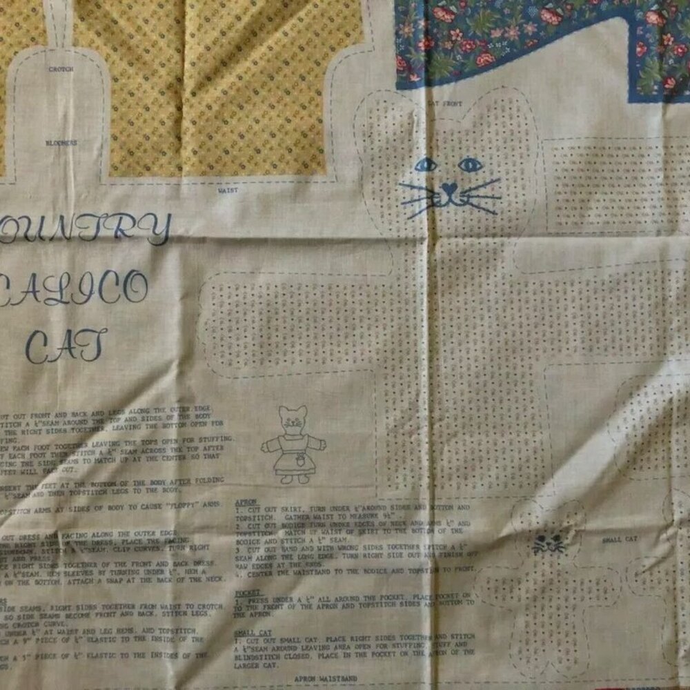 Country CALICO CAT Cut Out Stuff & Sew DOLLS Panel